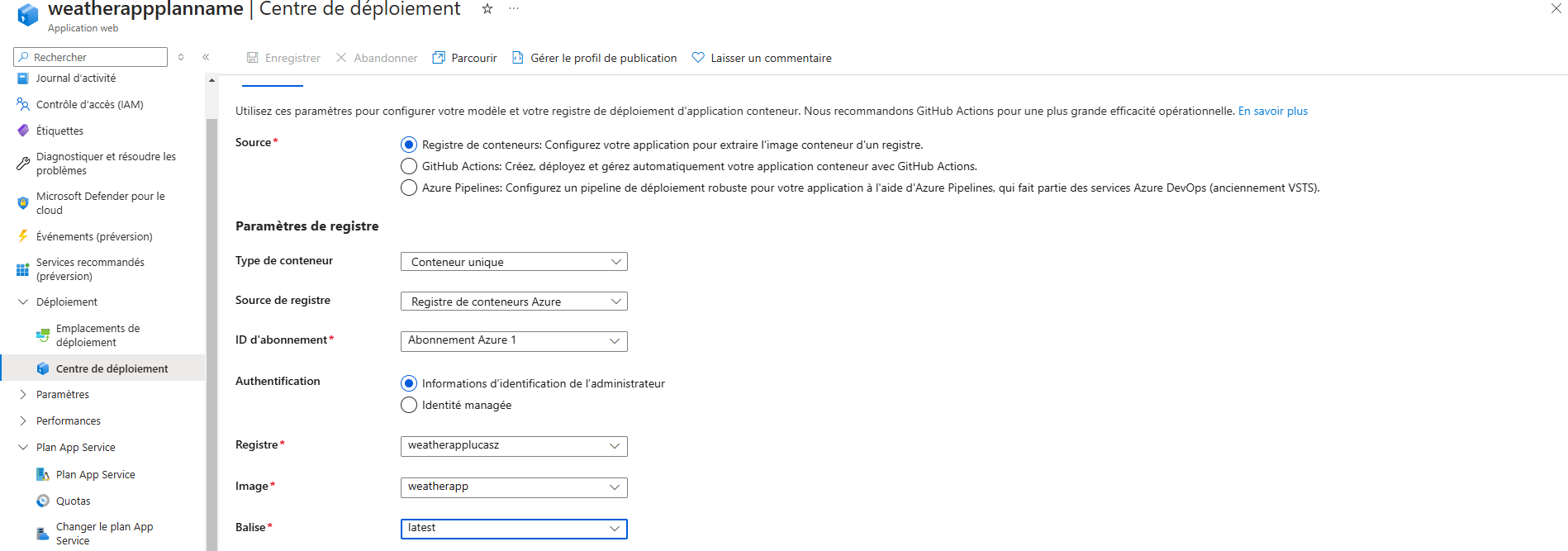 Configuration Azure Web App